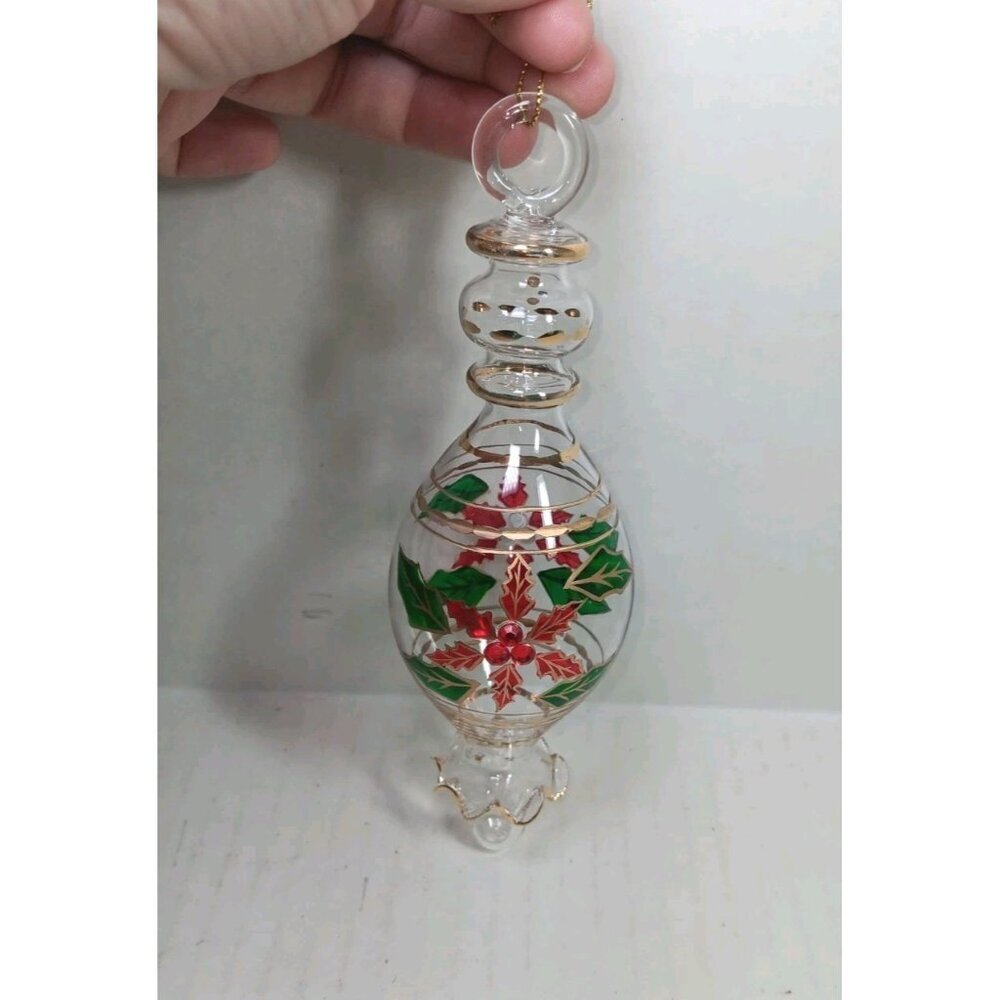 Vintage Ornate Hand Blown Glass Christmas Ornament Etched Painted Holly Gold